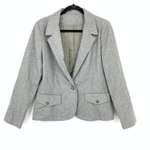 Vintage Gray Herringbone Blazer Womens Sz M Minimal Academia Office Jacket